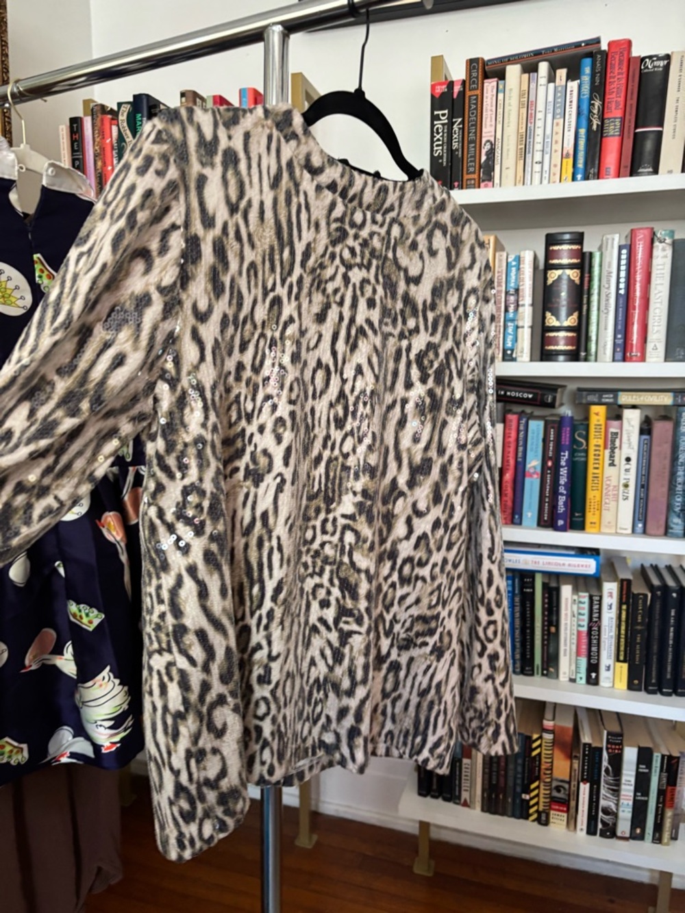 Chico's Leopard Print Sequin Detail Long Sleeve Top - Taupe & Black